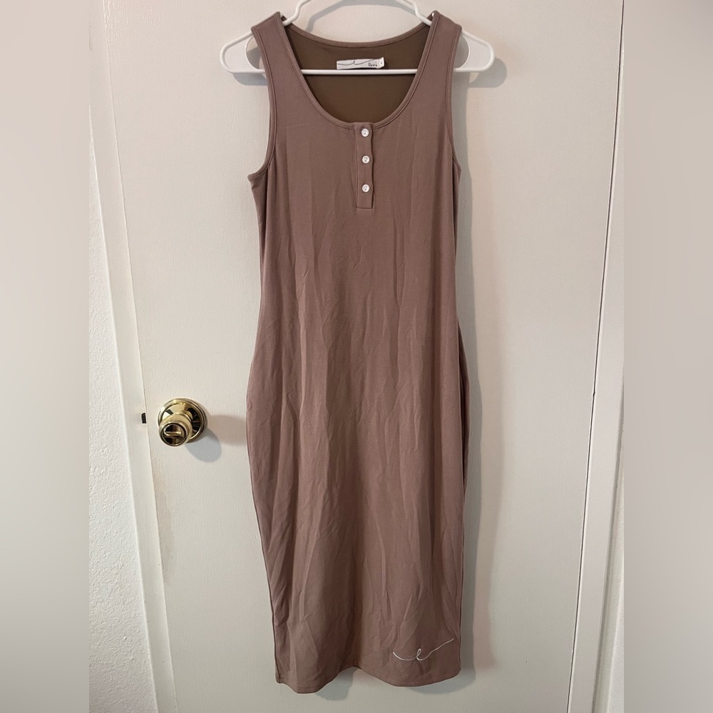 ByEgreis Taupe Bodycon Button Detail Midi Dress Rayon Fully Lined Large